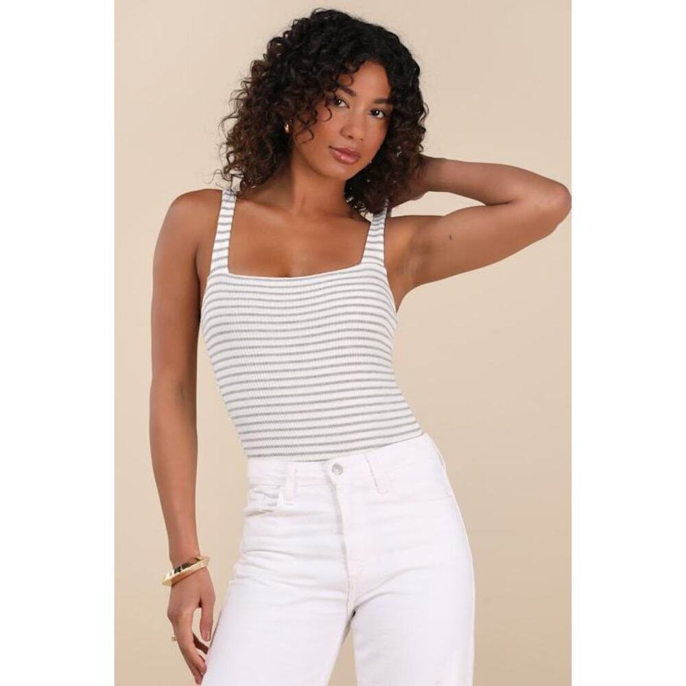 Lulus Casual Adventures Ivory Striped Ribbed Sleeveless Bodysuit White - Size L